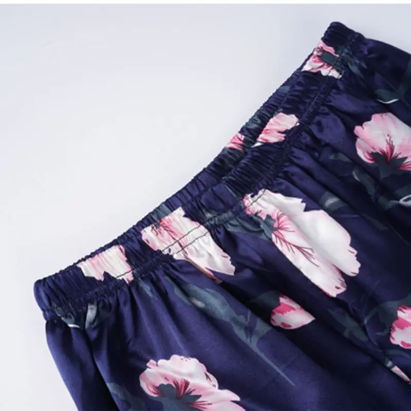 

Women 7Pcs Ice Silk Pajamas Set Floral Shirt Camisole Pants Eye Mask Sleepwear