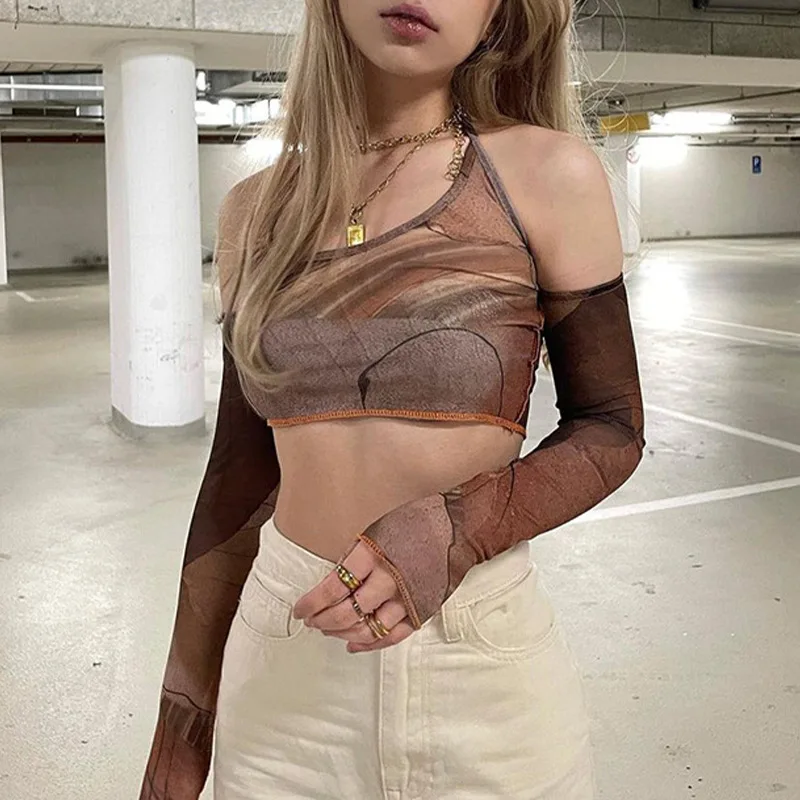 

Women's New Style Y2k Vintage Sling Short Top Brown Printed Gloves Chic Fashion Women's Sweater Korean T-shirt 2021 Summer