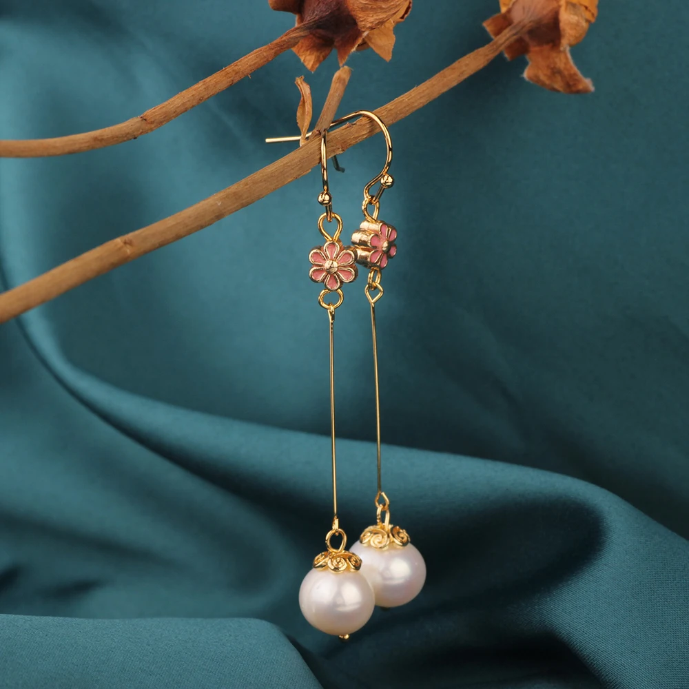 

New Long Pink Flower Earrings Vintage Delicate Freshwater Pearl Drop Earrings Ethnic Cloisonne Chinese Jewelry for Women MYWINY