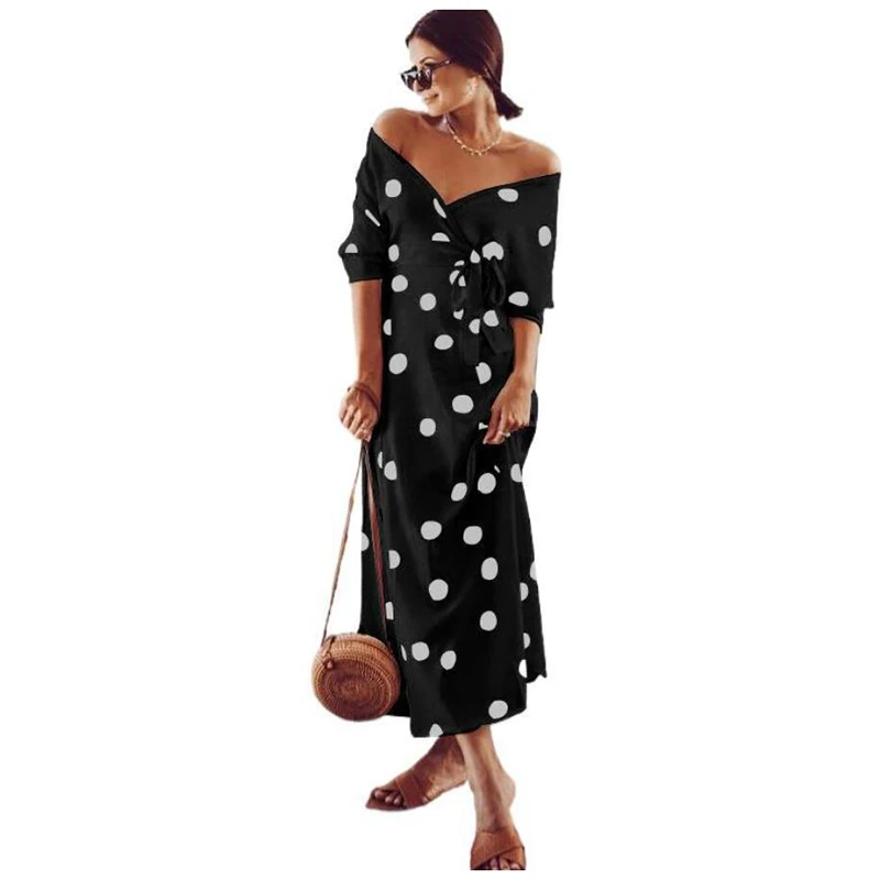 

Pot Printed Long Sleeve V-neck Strapless Dress Spring Summer Half Sleeve Casual Dresses New Hot Sale Women Dress 7 Colors