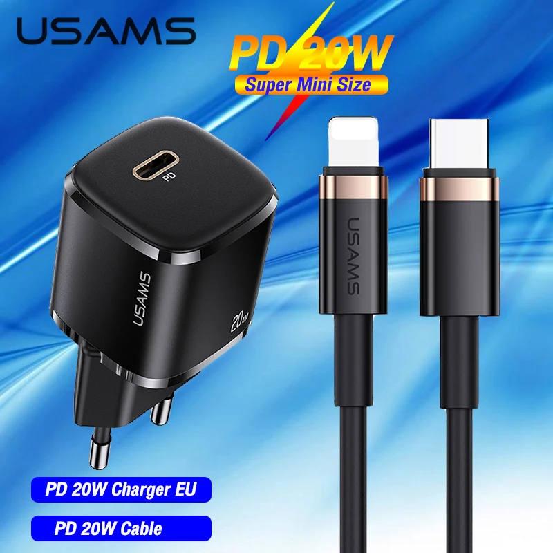 

Зарядное устройство USAMS PD 20 Вт + кабель Type C/Lightning для iPhone 12 12 Pro Max Mini QC4.0 QC3.0, настенное зарядное устройство с функцией быстрой зарядки