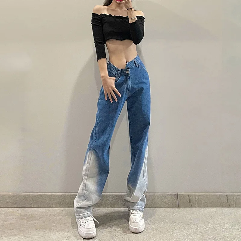 

2021 Fashion Autumn Women Jeans High Waist Fashion Loose Color Contrast Casual All-match Straight Wide Leg Pants Jeans Female