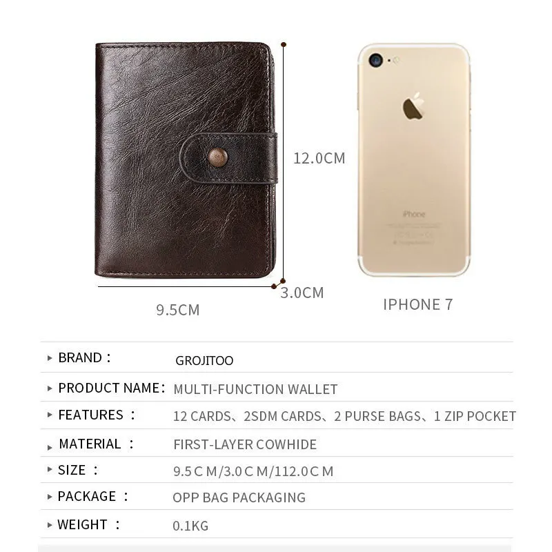 Кошелек GROJITOO мужской из вощеной кожи бумажник воловьей на молнии повседневный