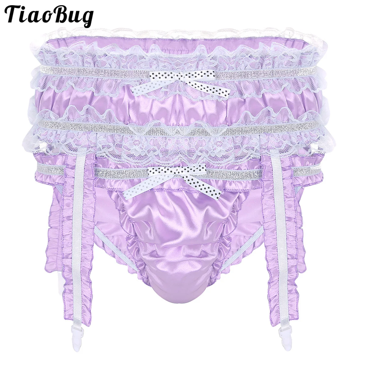 

TiaoBug Mens Lingerie Soft Shiny Satin Ruffled Frilly Low Rise Stretchy Sissy Bikini Briefs Underwear Panties With Garters