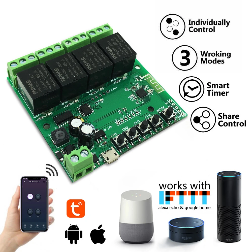 4CH Tuya умный Wi Fi беспроводной релейный переключатель Мгновенный 5 В DIY модуль