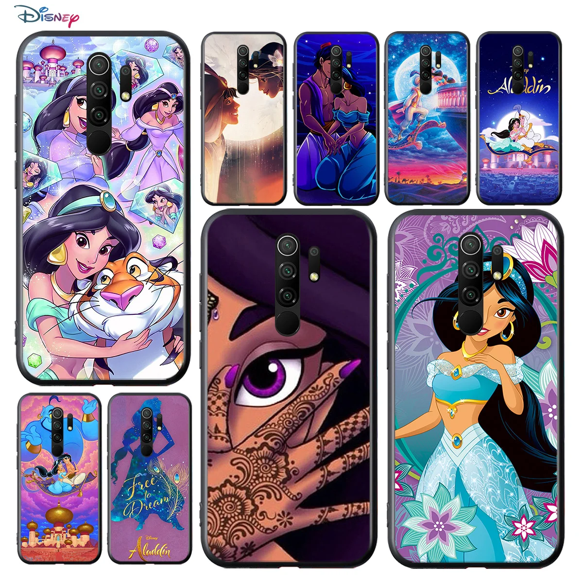

Disney Cartoon Animation Aladdin Jasmine For Xiaomi Redmi K50 K40 Gaming Pro 10 9AT 9A 9C 9T 8 7A 6A 5 4X Black Phone Case