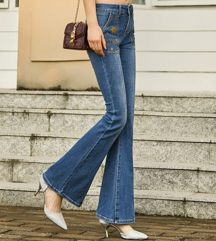Women jeans Slim autumn embroidery Mid waist boot cut pant Woman 1226 | Женская одежда