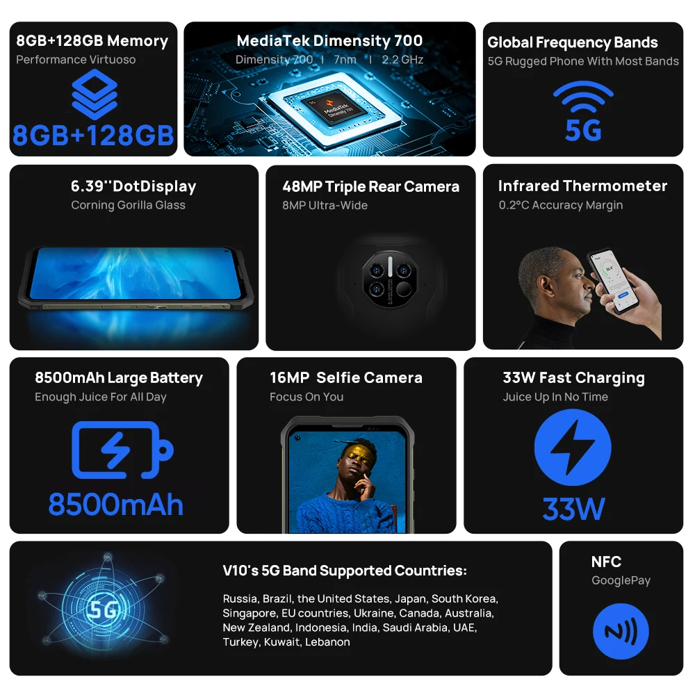 DOOGEE-Tel&eacute;fono m&oacute;vil inteligente robusto V10 Dual 5G versi&oacute;n global, smartphone con pantalla de 6,39" DotDisplay y c&aacute;mara trasera de 48 MP, bater&iacute;a de 8500 mAh, carga r&aacute;pida de 33 W, NFC-1