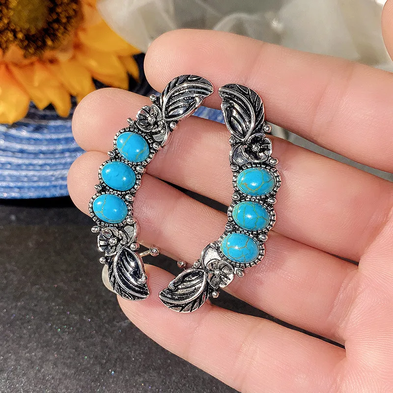 

New Bohemian Style Exaggerated Large Earrings Imitation Turquoise Retro Earrings Ear Clip 925 Sterling Silver Earrings Jewelry