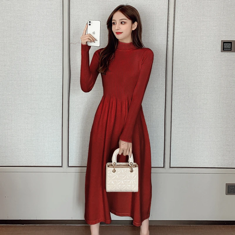 

Women High Quality Solid Color Knitted Dress 2020 New Fashion O-Neck Long Sleeve Slim A-Line Sweater Dress Female Mid-Calf