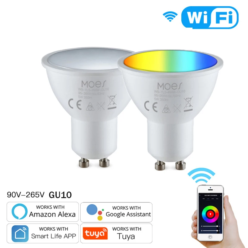 

Умный светильник Moes WiFi Tuya, светодиодные лампы GU10 с регулировкой яркости RGBCW, 5 Вт, умная жизнь, дистанционное управление, работа с Alexa Google Home