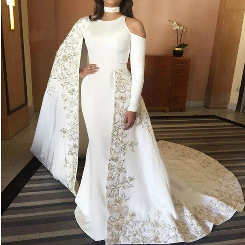 

Arabic Kaftan Evening Dresses White Mermaid Prom Party Dress Indian Abaya Morrocan Dress WIth Embroidery