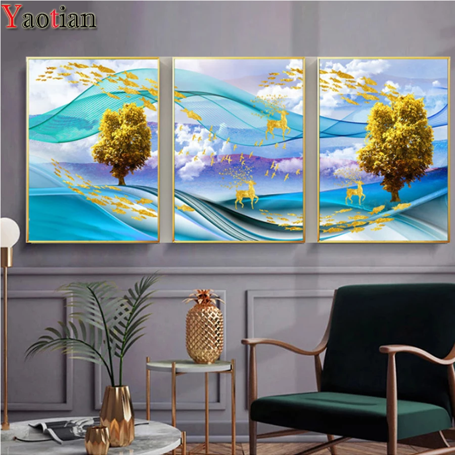 

Diy Diamond Embroidery pattern Handmade Abstract money tree,deer Diamond Painting Triptych Cross Stitch 5D Square Round Drill