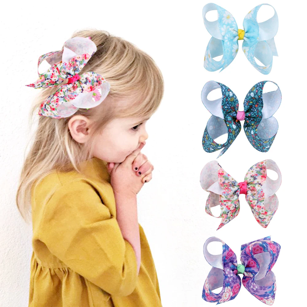 4" Grosgrain Ribbon Printed Hair Bows With Clip Girls Kids Hair Accessories Handmade Boutique Hairpins Barrettes Girls Headress