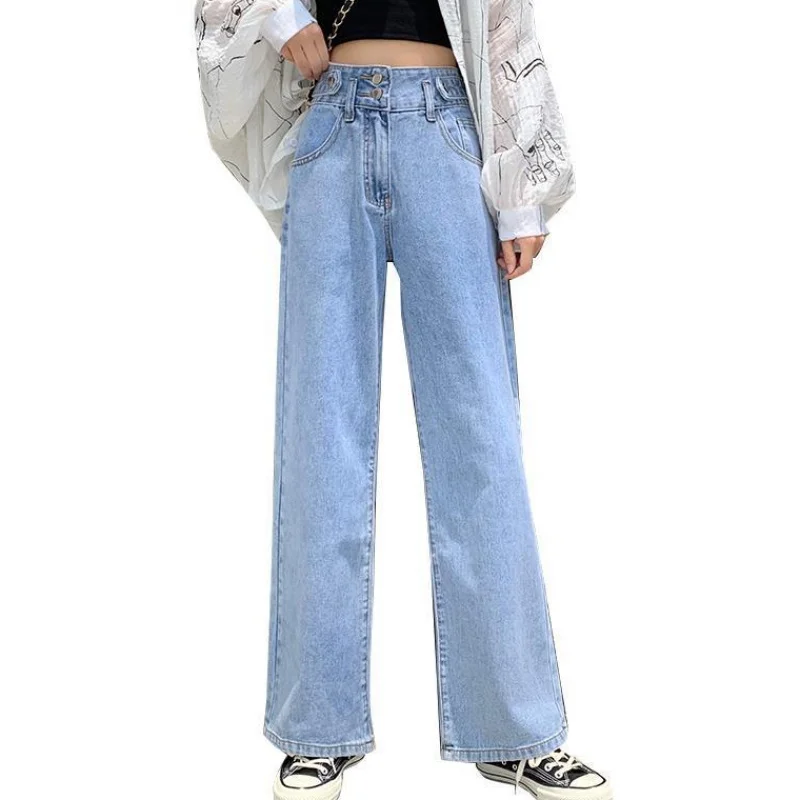 Джинсы женские с двумя пуговицами джинсы завышенной талией и широкими штанинами