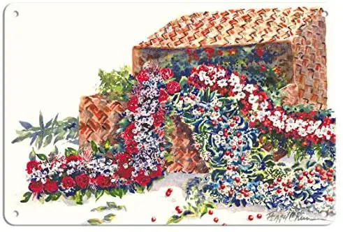 

Праздничные сокровища-Гавайские Леи, лаухала корзины-из оригинальной гавайской акварельной картины Пегги Чунь металлический жестяной зна...