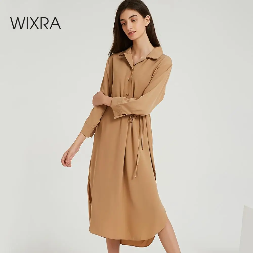 Wixra, стильные свободные платья с длинным рукавом и поясом, весна-осень, с отложным воротником, до середины икры, уличная одежда для женщин, весна