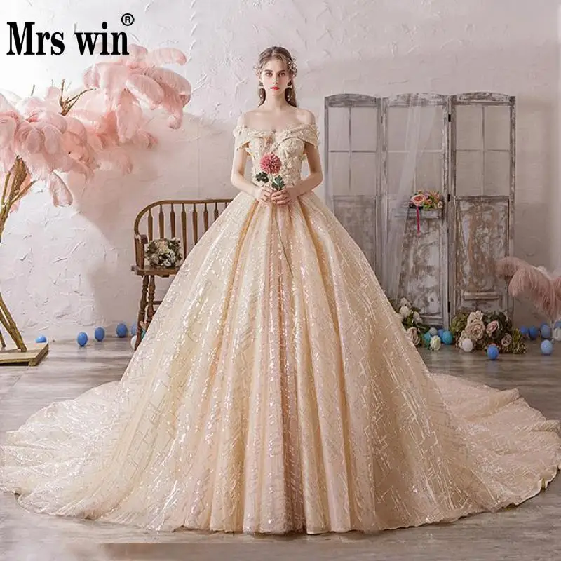 Свадебное платье 2020 роскошное бальное цвета шампанского с вырезом лодочкой и
