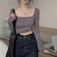square collar women crop t shirts female long sleeves casual bottoming tees tops solid color harajuku slim tshirts for women