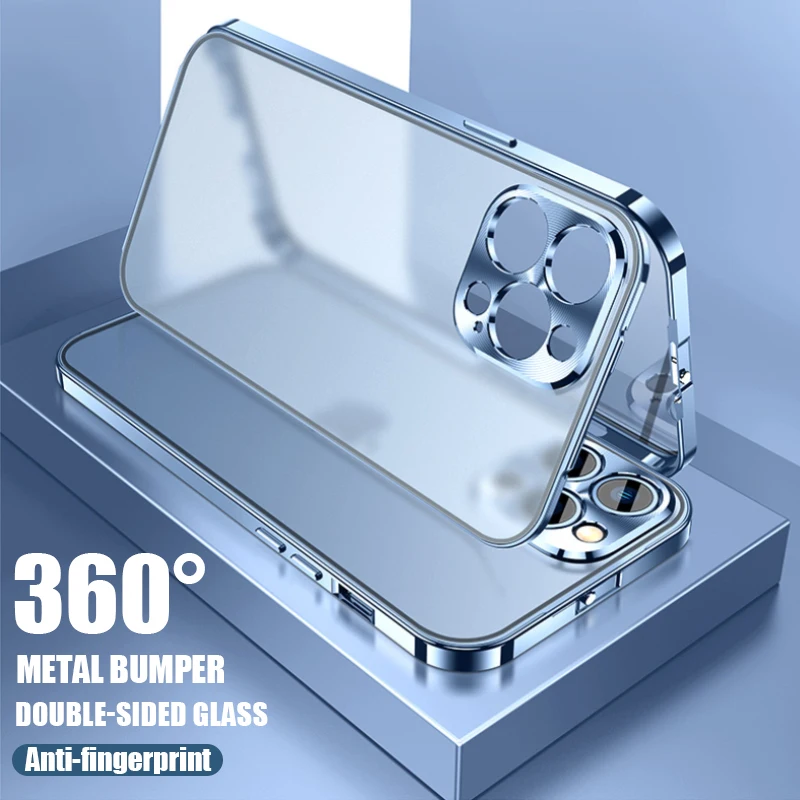 Funda de Metal de aluminio de lujo para iPhone, carcasa transparente mate de vidrio de doble cara para iPhone 13 Pro Max 13pro 360, cubierta protectora completa a prueba de golpes-0