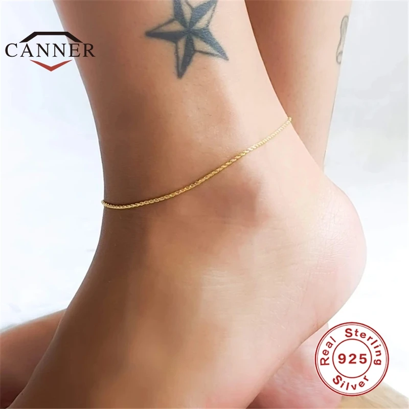 

CANNER 925 Sterling Silver Anklets For Women Hemp Rope Braided Beach Anklet Foot Jewelry Leg Chain Ankle Bracelets Accessories