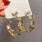 Серьги-кольца женские из серебра 925 пробы с золотыми бабочками