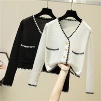 women cardigan spring autumn v neck long sleeve sweater coat fashion black white contrast color knitted cropped cardigans