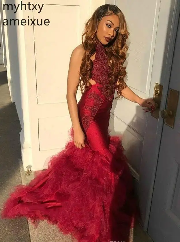 Burgundy Color High Neck Plus Size Custom Red Sexy Prom Dresses Elegant 2020 African Black Girls Wear Evening Party Event Gowns