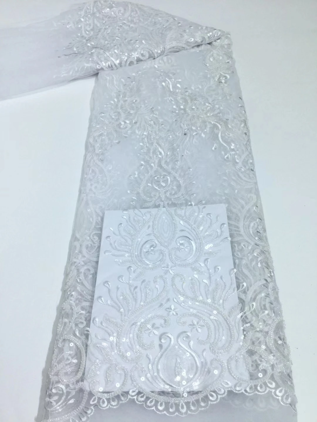 

Fashion African High-end Mesh Beaded/Sequins Lace Fabric 2021 High Quality French Net Tulle Lace Fabrics Nigerian Handmade Lace