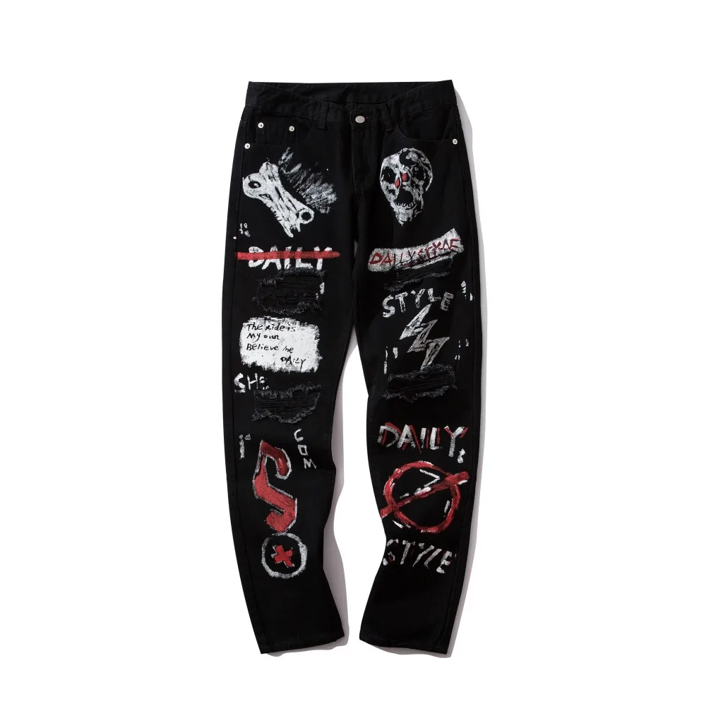 

Black Skinny Jeans Pants Men Hip Hop Streetwear Destroyed Ripped Jeans Hiphop Graffiti Print Pencil Denim Pant Hole MG404