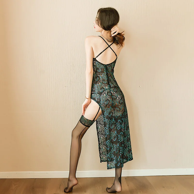 Горячее сексуальное зеленое Spilt платье павлина боди эротические подвязки и чулки