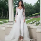 Элегантный комбинезон с V-образным вырезом, свадебное платье 2021, летний костюм 2 в 1 с длинными рукавами, кружевной аппликацией и открытой спиной со шлейфом, костюм-брюки на заказ