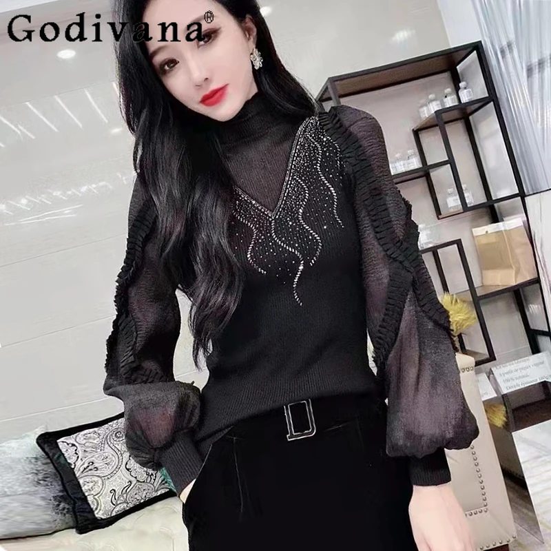 

Women's Wooden Ear Lace Splicing Pullover Top 2021 Winter Lantern Sleeve Knitwear Turtleneck Rhinestone Slim Fit Sweater Ladies