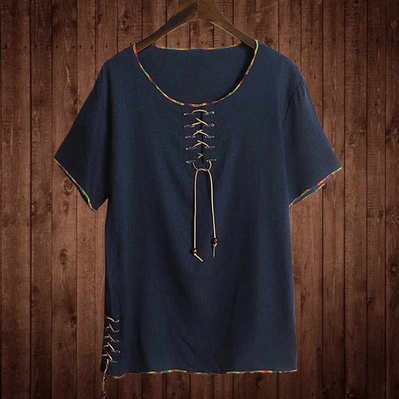 Футболка мужская свободная с круглым вырезом коротким рукавом на шнуровке