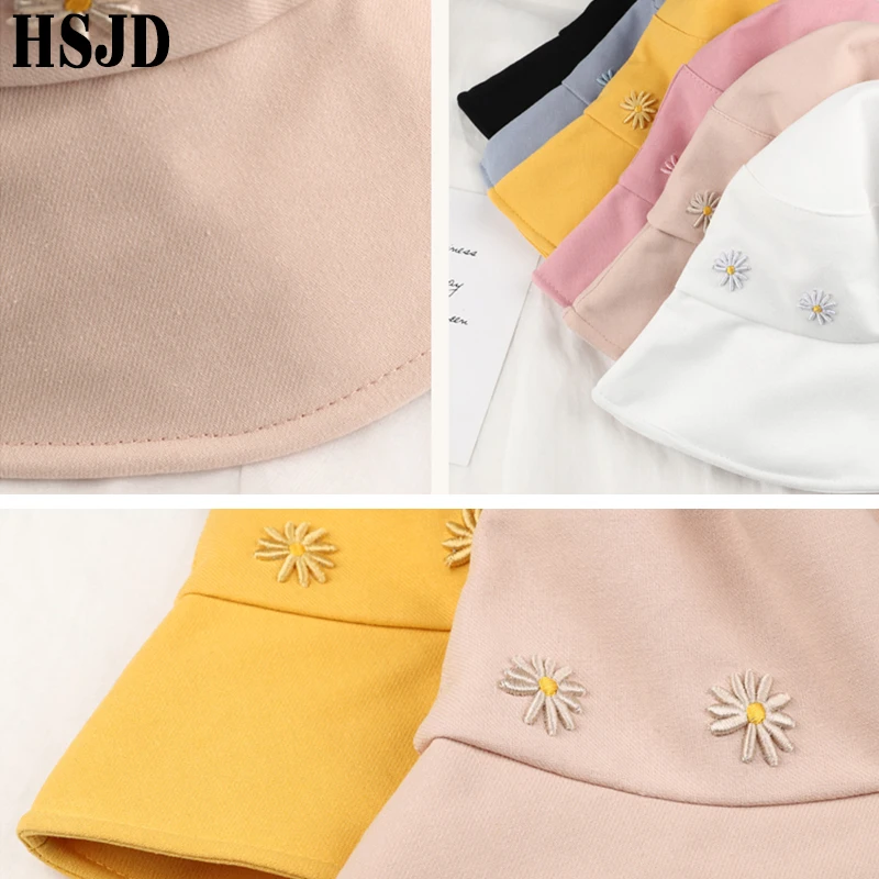 Flower Embroidery Cotton Bucket Hats Women Summer Sun Hat Fisherman Cap Wide Brim Foldable Outdoor Travel Female Hiking Bonnet
