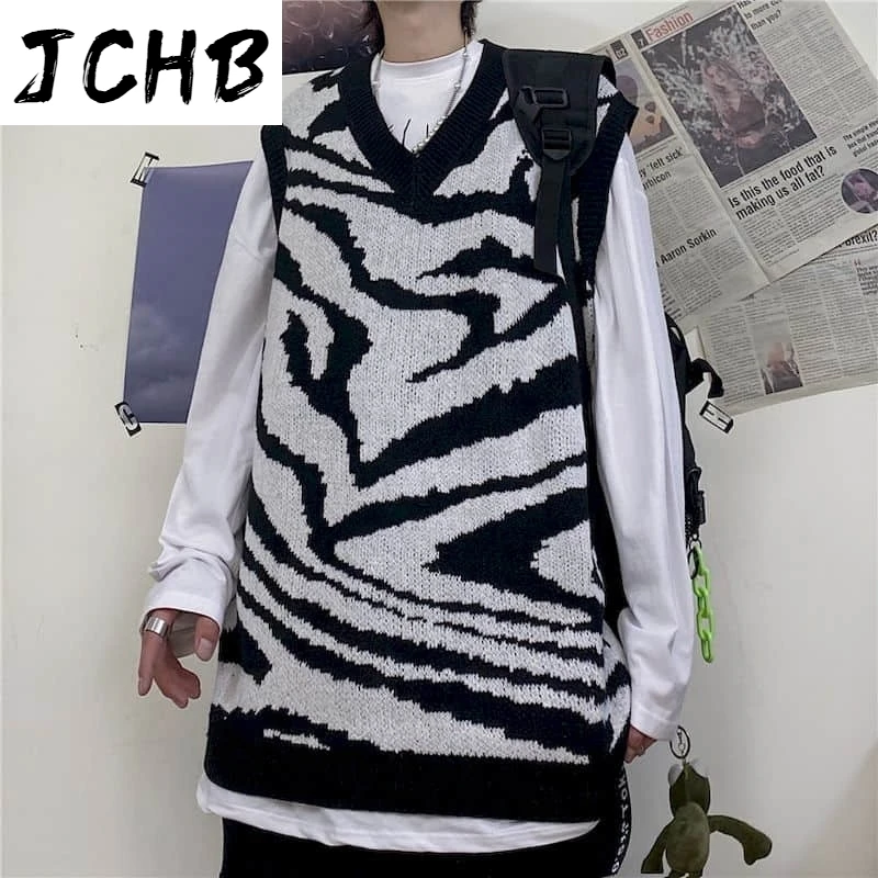 

2021 Streetwear Punk Vest Women Men Topstrend Ins Hip-hop Street Black and White Zebra Pattern Sleeveless Knitted Vest Sweater V