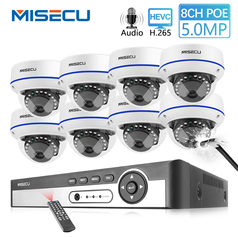 MISECU H.265 8CH 48 V POE CCTV система 5.0MP IP POE Антивандальная Водонепроницаемая металлическая камера 2560*1440 комплект видеонаблюдения