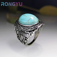 fashion carved flower black rings for teen girls simple vintage turquoise men women rings female personalized gothic accessories