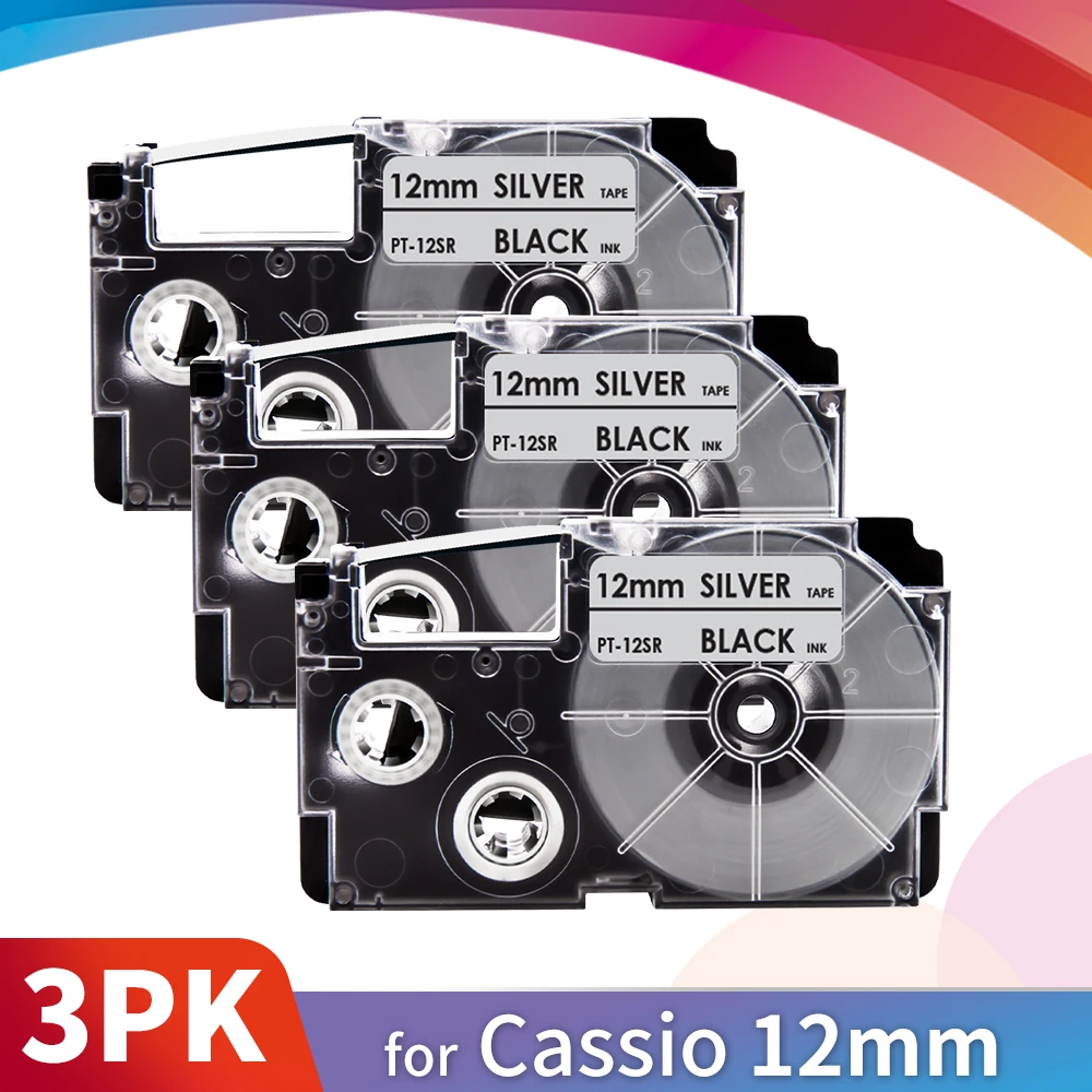 

Topcolor 3 шт 12 мм Принтер ленточный XR-12SR Замена Casio Label Maker XR 12SR черный на серебристом наклейке для принтера Casio KL-100 120