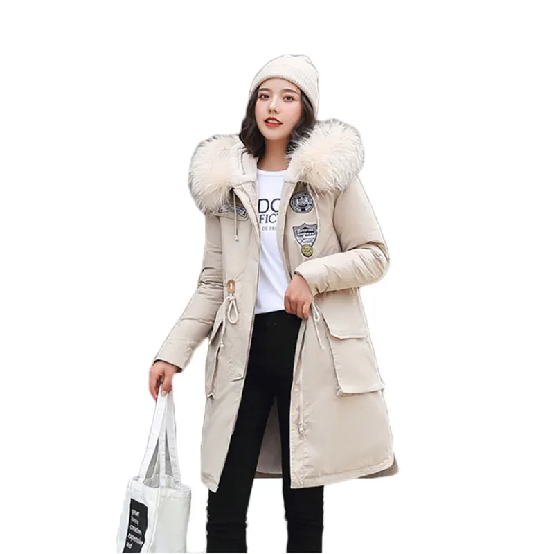 Женский пуховик на шнурке тонкий большой меховой воротник плюшевый Карманный