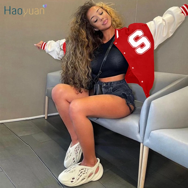 

HAOYUAN Letter Print Cute Jackets Women Button Long Sleeve Fall Clothes Sporty Wear Baseball Jacket Casual Streetwear Black Coat
