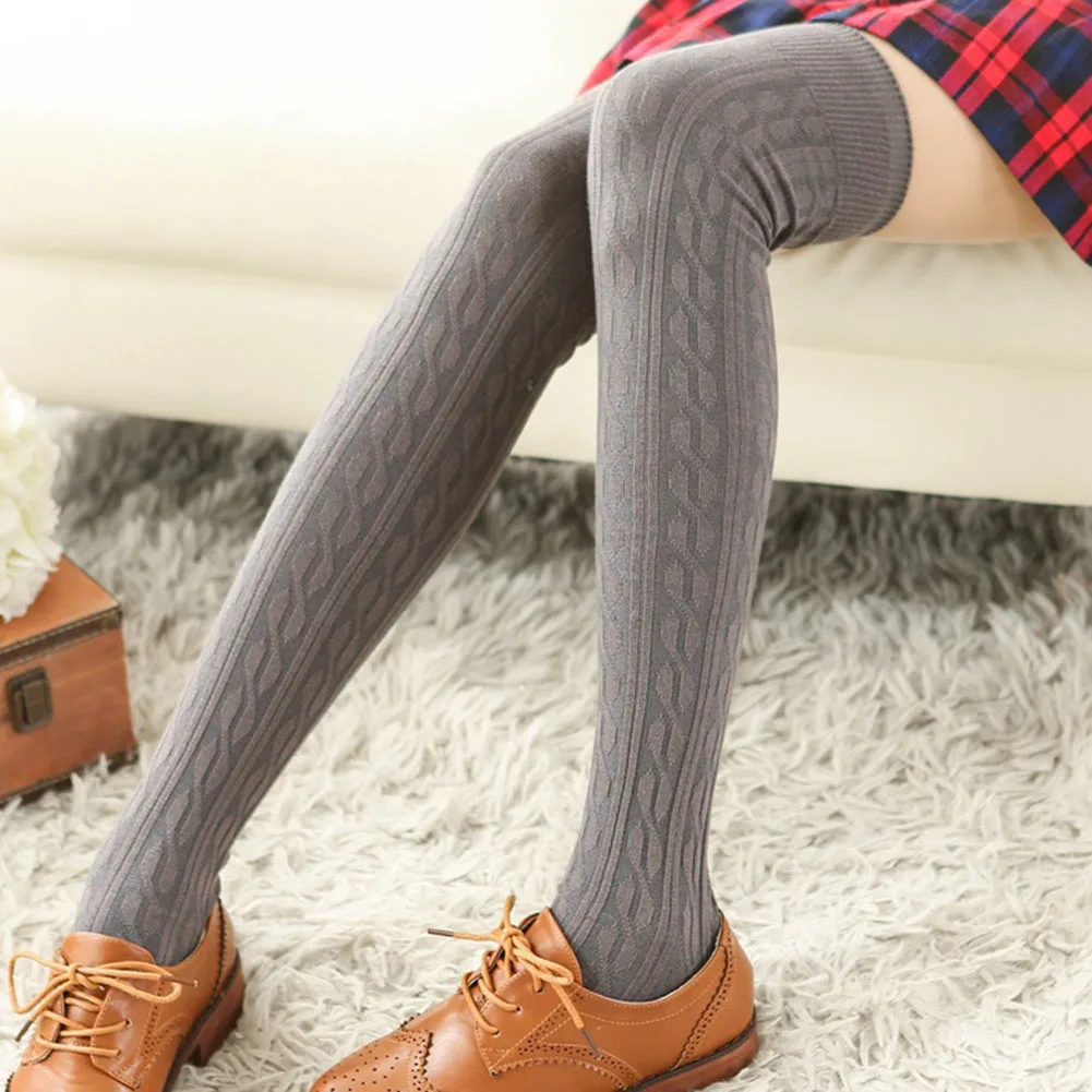 

Womens Jacquard Twist Thigh High Over Knee Long Stocking 2021 New Winter Keep Warm 64Cm Striped Winter Coffee Cotton Stocking