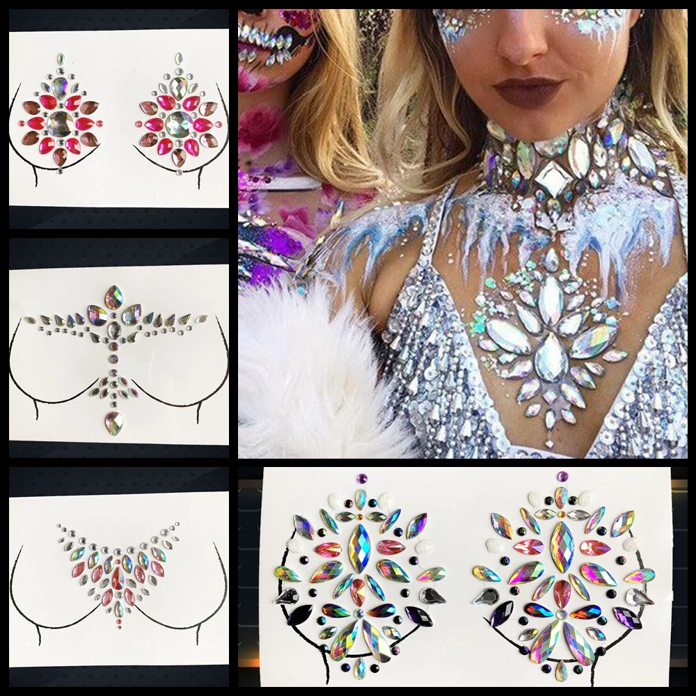 

Shiny Colored Crystal Chest Paste Temporary Flash Jewels Nipple Sticker For Adult Festival Party DIY Body art Breast Gem Sticker