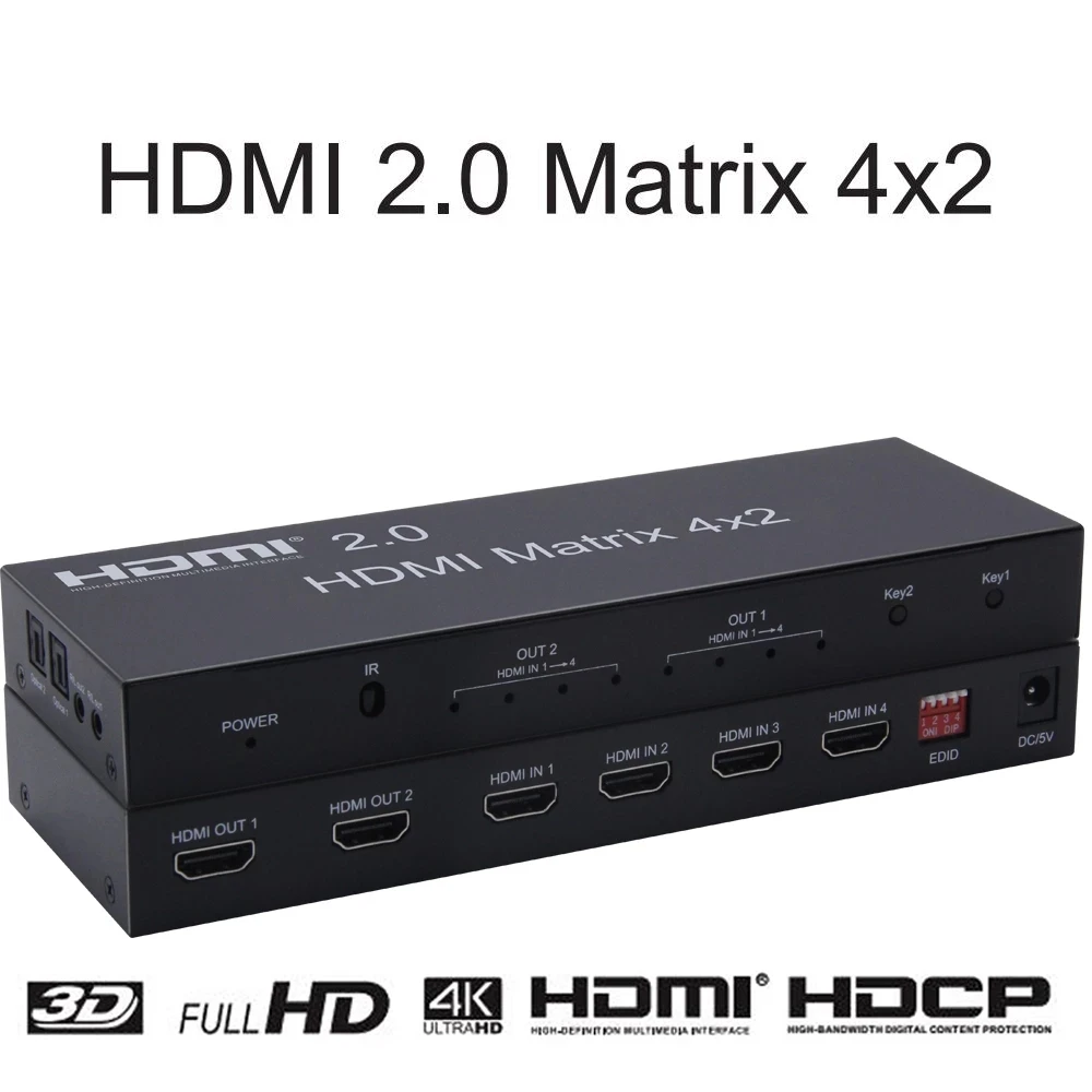 

4 k hdmi matrix switch 4x2 hdmi 2.0 suporte de interruptor de matriz 4k @ 60hz 3d-fullhd 1080p apoio-4 entrada 2 interruptor de