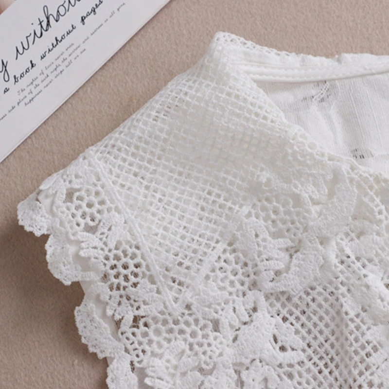 

Women Double Layer Lapel False Collar Hollow Out Floral Lace Button Detachable Half Shirt Decorative Dickey
