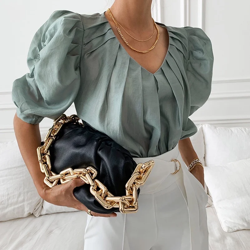 

2021 Women Fashion Elegant Solid Casual Shirts Summer Korean Chic Vintage Puff Sleeve Sexy V-neck Folds Office Lady Blouses