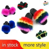 real fox slides women furry fox fur sandals for woman female indoor shoes fluffy plush with fur slippers flip flops size 36 45