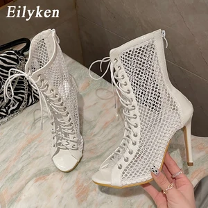 Eilyken Quality Gladiator Women Boots Sandals Sexy Hollow Out Mesh Peep Toe Cross Lace-Up Zipper Sho