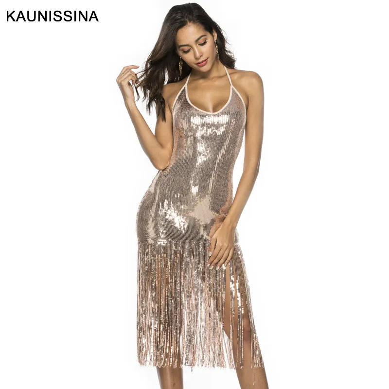 KAUNISSINA Sequin Tassel Cocktail Dresses Sexy Club Wear Party Dress Halter Strap Backless Party Gown Cocktail Dress