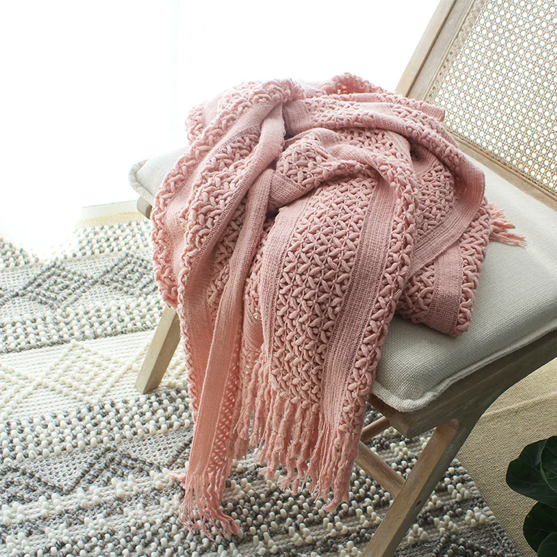 Однотонное вязаное Сетчатое одеяло с кисточками супермягкое теплое